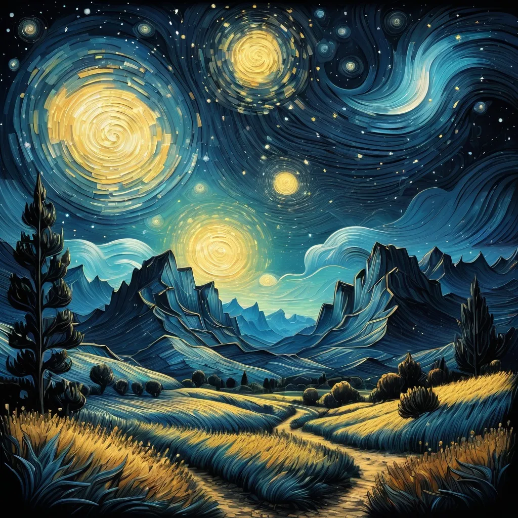 Prompt: a  landscape with a night sky background and stars in the sky,  Van Gogh sky, Dan Mumford, post-impressionism, stars, a detailed painting