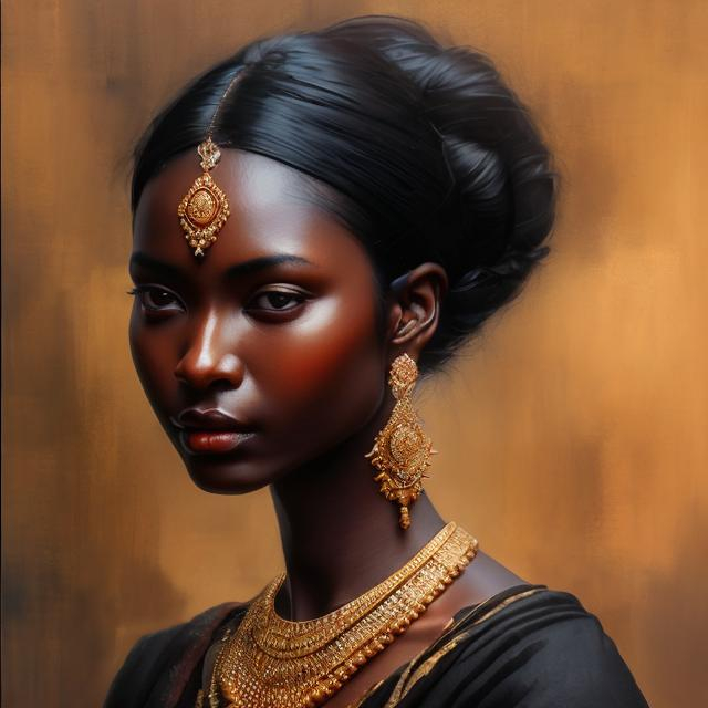 Prompt: Beautiful woman with extremely dark black complexion, oil painting, elegant attire, high quality, realistic, warm tones, soft lighting, detailed facial features, captivating eyes, graceful posture, cultural jewelry, regal ambiance