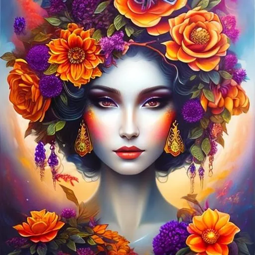 Beautiful hybrid woman with orange flowers sproutin...