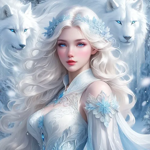 Prompt: High-quality digital painting of a beautiful woman with snow white hair and pastel highlights, frosty blue eyes, ethereal and otherworldly, intricate icy details, soft and delicate features, pastel color palette, dreamlike atmosphere, fantasy, digital painting, detailed hair, ethereal beauty, delicate features, pastel tones, fantasy art, high quality, dreamy lighting