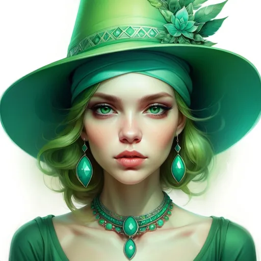 Prompt: a woman wearing a green hat and turquoise necklace and a green hat on her head, Anna Dittmann, fantasy art, highly detailed digital painting, a digital painting