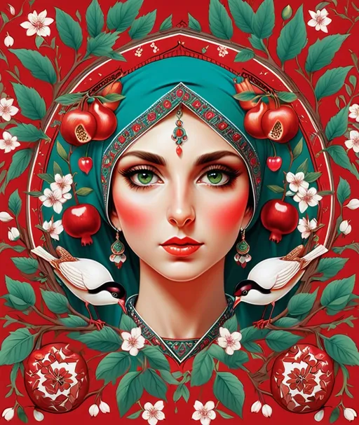 Prompt: A colorful design in the dimensions of 140centimeteres by 140 centimeters. It's main theme is red and white. There are pomegranates and cherry blossoms. with some green leaves and branches. It has some birds. Traditional Iranian style