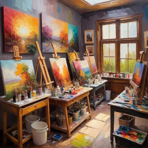 Prompt: Vibrant oil painting of a bustling art studio, thick brush strokes, rich textures, vivid colors, high quality, professional, impressionism, energetic brushwork, warm tones, natural lighting, lively atmosphere, artistic chaos