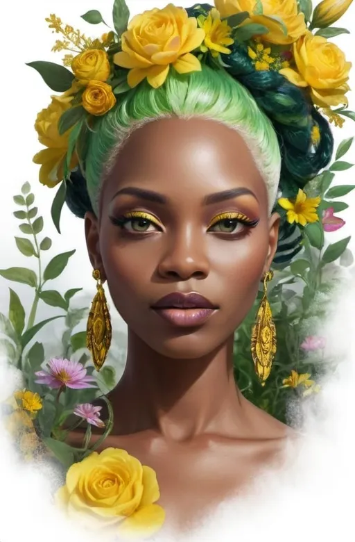 Prompt: <mymodel>In a majestic detailed floral the mystical Empress, a black woman with green and yellow hair, stands tall amidst vibrant flora, embodying divine grace and feminine power.