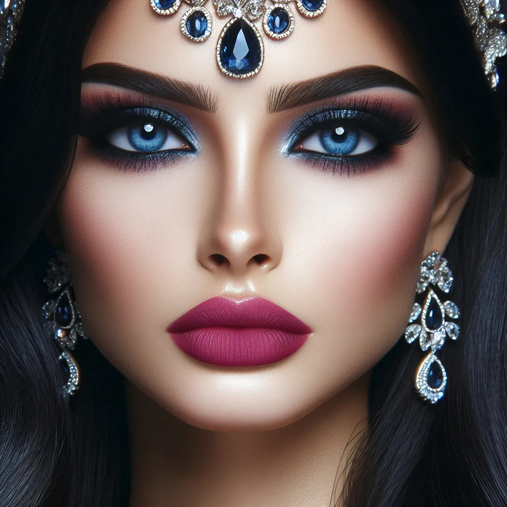 Prompt: a Sapphire lady, feminine elegant princess ,  dark hair, large blue eyes, wearing jewls in her hair,  beautiful makeup, blue eyeshadow, dark pink lipstick, facial closeup