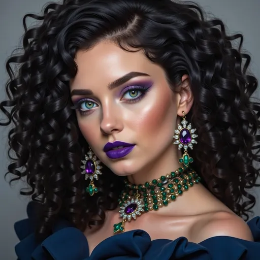 Prompt: Striking with a captivating presence, a young woman showcases an elaborate beauty look that harmonizes bold colors and intricate details. Her voluminous, dark curls cascade around her shoulders, framing a face adorned with dramatic makeup featuring vibrant purple eyeshadow and an equally bold deep violet lip. Mesmerizing green eyes draw attention, enhanced further by her luxurious emerald and amethyst jewelry, which glimmers under the soft, diffused lighting. Dressed in a chic, off-shoulder top, she exudes elegance and confidence, capturing a mood of glamorous sophistication that pulses with life and artistry. The overall composition celebrates beauty in its most vivid form, merging high fashion with striking visual artistry.