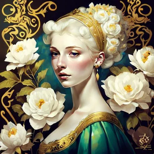 Prompt: dynamic composition of a pale white skinned woman with hair of flowers and peacock plummage wearing ornate earring, ornate gilded details,facial closeup