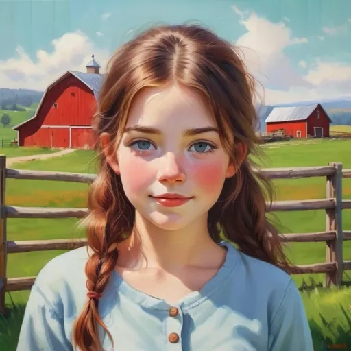 Prompt: a pretty farm girl in a classic farm scene with a red barn, rustic countryside setting, vibrant green pastures, traditional wooden fences, clear blue sky, high quality, oil painting, classic style, warm tones, natural lighting