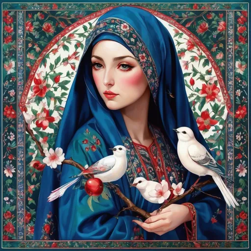 Prompt: A colorful design in the dimensions of 140x140 centimeters, its main theme is white and red, there are pomegranates and cherry blossoms in it, and some green leaves and branches and traditional Iranian designs are used, and there are small birds in it.