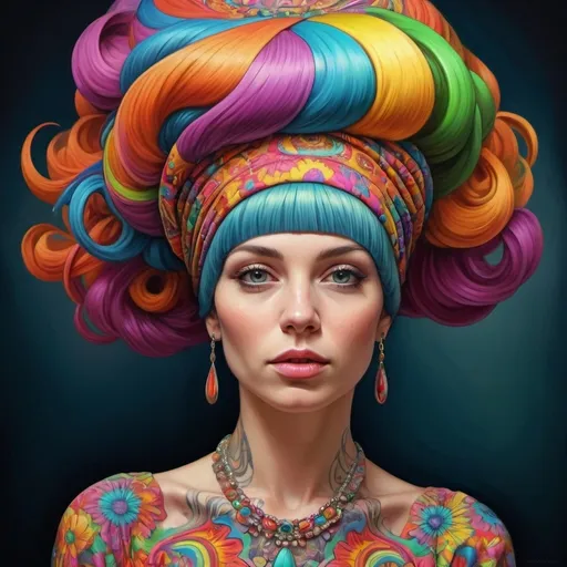 Prompt: a woman with a colorful hair and a colorful dress on her head and a colorful dress on her body, Edwin Georgi, psychedelic art, highly detailed digital painting, an ultrafine detailed painting