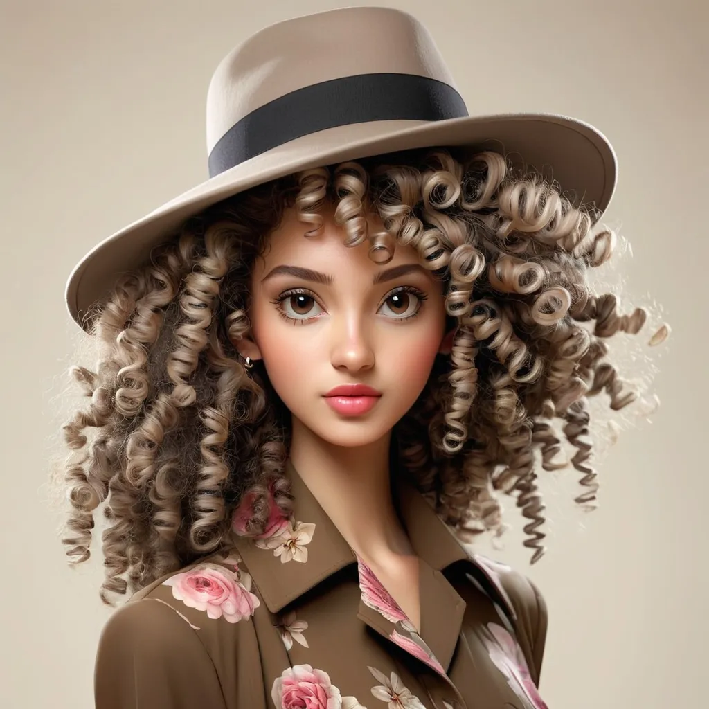 Prompt: fashionable lady with very curly hair.Wearing a hat
