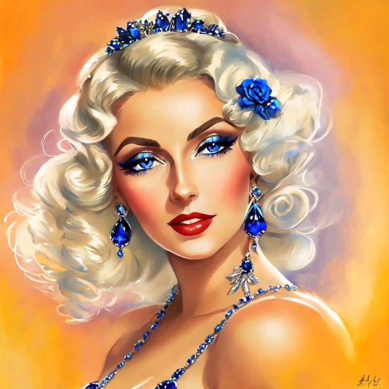 Prompt: Glamorously dressed lady of rhe 1930's wearing sapphire jewelry,blue eyes