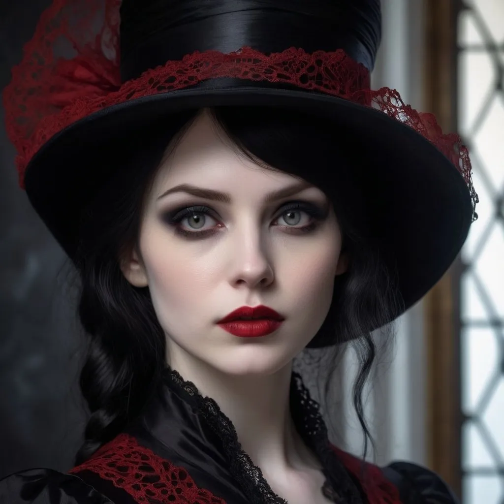 Prompt: Profile portrait of a gothic woman, oil painting, flowing black hair, pale skin, intense gaze, red lipstick, dark eyeshadow, elegant Victorian attire, high quality, realistic, gothic, moody lighting, dark tones, detailed lace, atmospheric, haunting beauty, professional