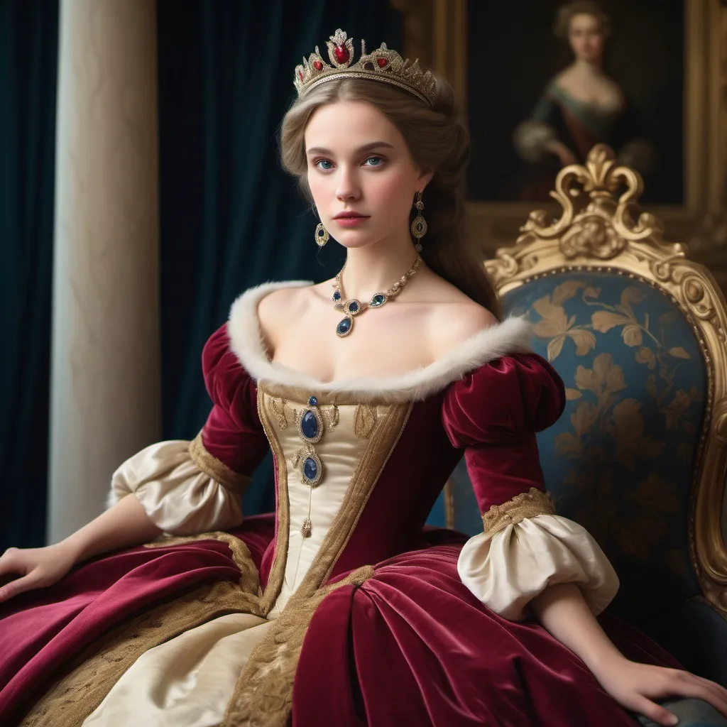 Prompt: portrays beautiful women as historical princesses in sumptuous costumes and settings.