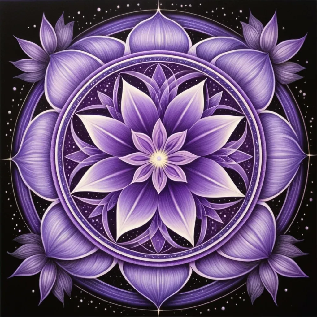 Prompt: a purple flower with a star in the background and a purple circle around it with a star in the middle, Amanda Sage, psychedelic art, sacred geometry, a detailed drawing