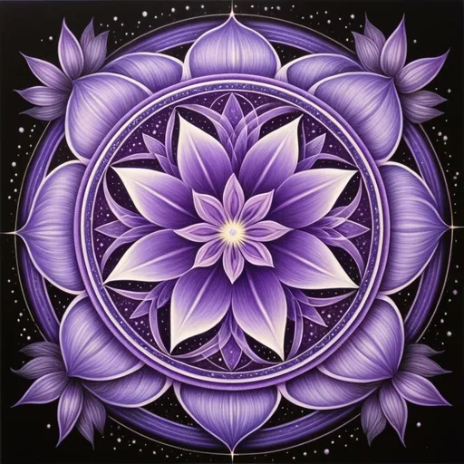 Prompt: a purple flower with a star in the background and a purple circle around it with a star in the middle, Amanda Sage, psychedelic art, sacred geometry, a detailed drawing