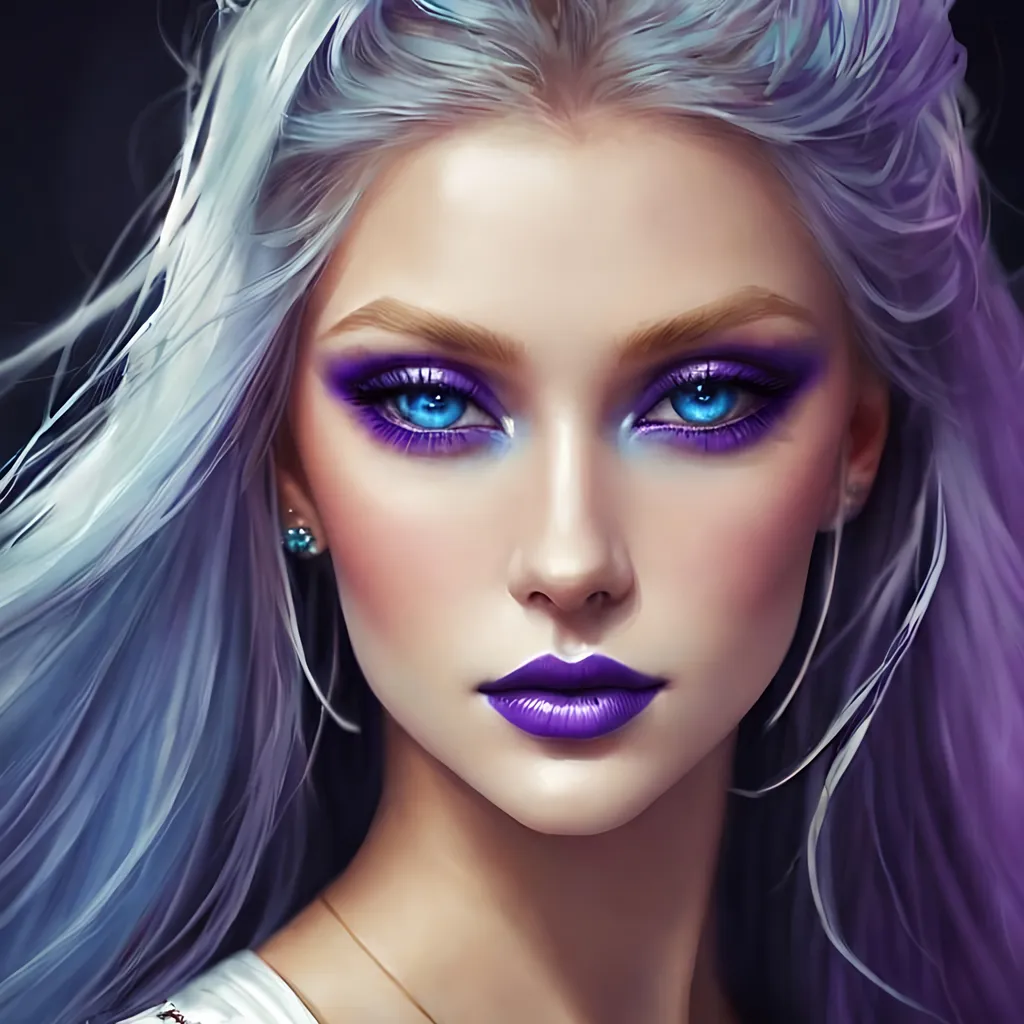 Prompt: <mymodel>Beautiful ethereal woman, long blonde hair,and icy blue eyes color, purple lipstick, facial closeup