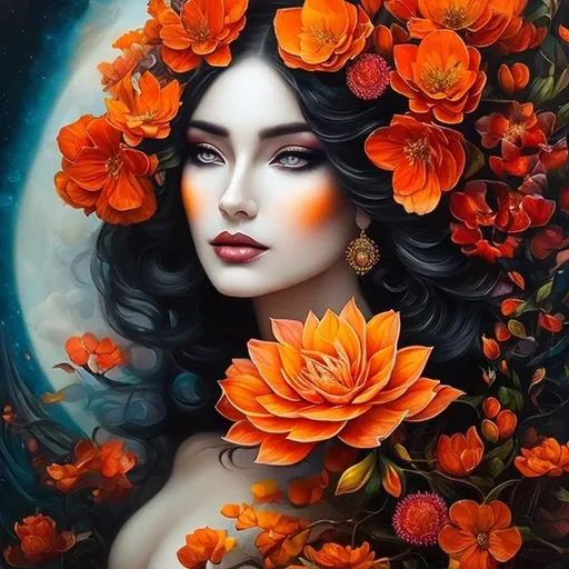 Prompt: Beautiful  hybrid woman with orange flowers sprouting from her, oil painting, detailed fiery eyes, ethereal glow, dark and mysterious, high quality, vibrant colors, surreal, haunting, intricate floral details, intense gaze, mystical atmosphere, oil painting, demon, hybrid, fiery eyes, ethereal, vibrant colors, surreal, haunting, floral details, intense gaze, mystical atmosphere