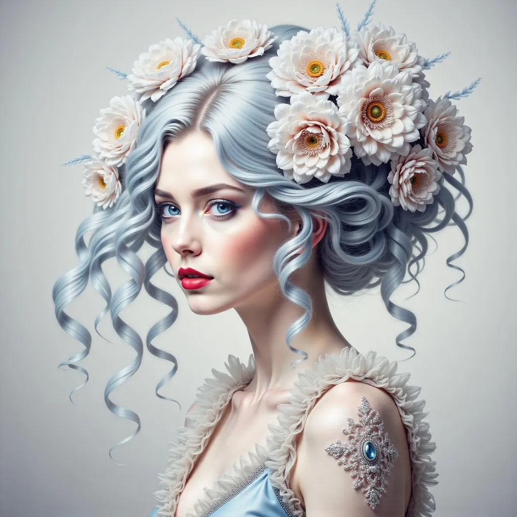 Prompt: a woman with long hair and flowers on her head, with blue hair and flowers in her hair, and a blue dress, Anna Dittmann, fantasy art, highly detailed digital painting, a digital painting