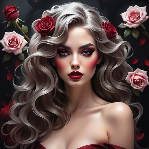 Prompt: Strikingly elegant, the woman possesses a captivating beauty accentuated by lush, dark waves cascading around her shoulders. Her makeup, bold and dramatic, features rich reds and deep blacks, drawing attention to her sultry eyes and full lips, which are coated in a deep crimson hue. A large, vibrant red rose adorns her hair, complementing the smaller roses in her earrings, alluding to a theme of romance and allure. The soft, blurred background, illuminated by warm, twinkling lights, enhances the intimate and glamorous atmosphere, making her the undeniable focal point of this artistic portrait. The overall composition exudes a mood of sophistication and passion, capturing a timeless elegance.