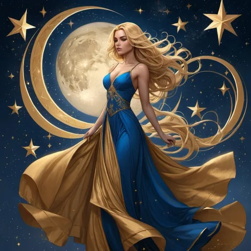 Prompt: a woman with long blonde hair in a blue dress with stars in the background and a blue dress with gold trim, Charlie Bowater, fantasy art, highly detailed digital painting, a detailed painting