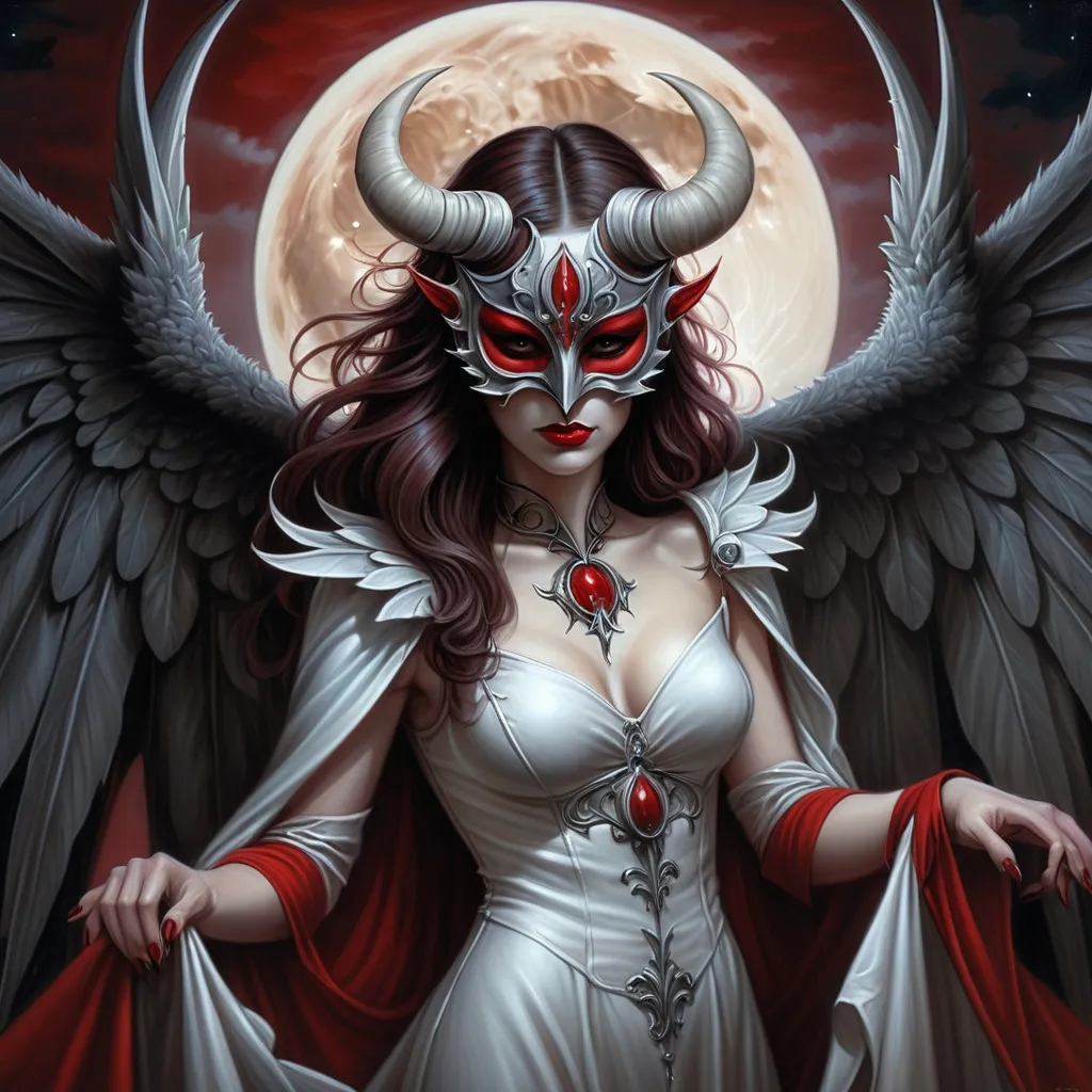 Prompt: a woman with a red dress and a horned mask on her face and wings, standing in front of a full moon, Anne Stokes, gothic art, dark fantasy art, a detailed painting