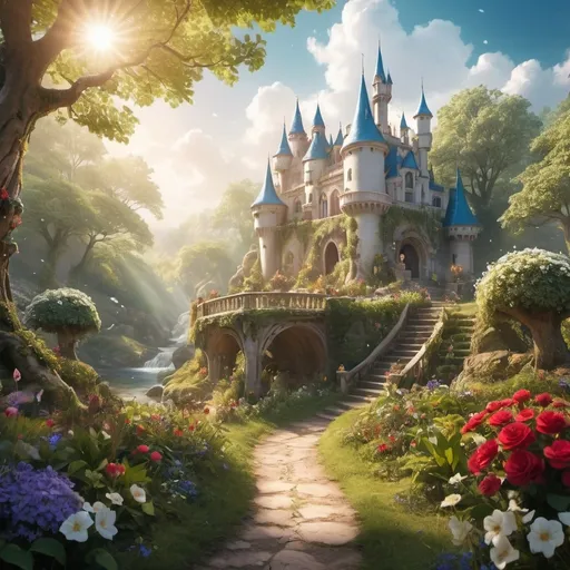 Prompt: (Snow White), enchanting forest setting, (lush greenery), (vibrant colors), magical ambiance, captivating atmosphere, sparkling clear streams, whimsical wildlife, intricate details, (HD), romantic lighting, floral accents, ethereal charm, fairytale elements, dreamy background, fairy tale character, timeless elegance.