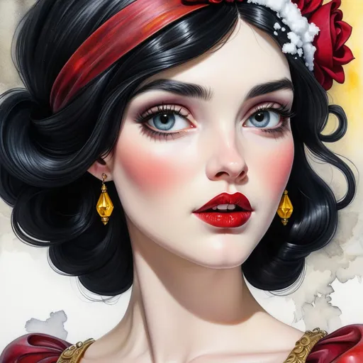 Prompt: <mymodel>Snow White.  beautiful woman, hair pinned up, yellow red black dress, earrings, Watercolor, trending on artstation, sharp focus,  by  Josephine Wall and Jasmine Becket-Griffith