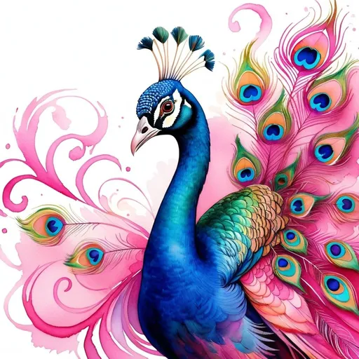 Prompt: <mymodel>Colourful watercolour painting of a dreamy pink peacock, vibrant swirls, high quality, watercolour, dreamy, vibrant, colourful, pink, peacock, swirls, animal art, detailed feathers, artistic, whimsical, dreamlike, professional