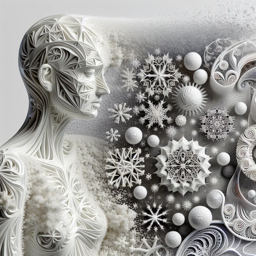 Prompt: A beautiful white female 3D sculpture against a white background, whimsical snowflakes fused throughout the sculpture, Stephanie Law style of hyperrealism, very intricate details, abstract vector fractal, wave function, zentangle, 3D shading