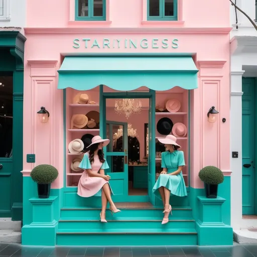 Prompt: A charming boutique named "STARINGEST" exudes a whimsical vibe with its pastel pink facade, adorned with elegant lettering and a decorative awning, inviting passersby to explore its enchanting interior. Two fashionable women sit gracefully on the steps, dressed in striking dresses—one in a vibrant turquoise and the other in soft pink—each paired with large, floppy hats that perfectly complement their ensembles. The scene is bathed in soft, diffused lighting under a serene sky dotted with fluffy clouds, enhancing the dreamy atmosphere. Inside the boutique, elegant dresses and meticulously arranged displays hint at a curated collection, while the stylish women appear immersed in a delightful conversation, capturing a moment of camaraderie amid a picturesque setting. The overall composition blends playful colors and stylish elements, evoking a sense of nostalgia and joy.