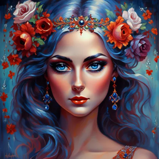 Prompt: <mymodel>Nataasha-Beautiful woman with flowers, oil painting, detailed fiery eyes, ethereal glow, dark and mysterious, high quality, vibrant colors, surreal, haunting, intricate floral details, intense gaze, mystical atmosphere, oil painting, demon, hybrid, fiery eyes, ethereal, vibrant colors, surreal, haunting, floral details, intense gaze, mystical atmosphere