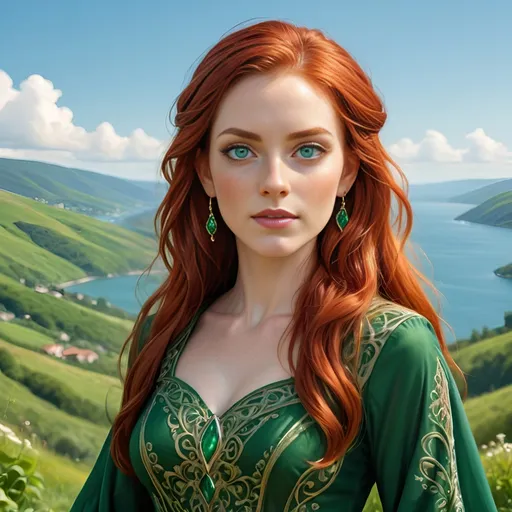 Prompt: A woman with long, flowing red hair stands confidently against a breathtaking landscape, her emerald green eyes sparkling with warmth. She wears a rich green dress adorned with intricate patterns, and her style is complemented by elegant earrings that echo the greenery of her surroundings. The scene captures a sunny day, with rolling hills and a picturesque coastline stretching into the distance, the sky a brilliant blue with soft, white clouds drifting leisurely. The vibrant colors of the flowers and grass below enhance the serene yet inviting atmosphere, creating a sense of harmony and connection with nature. The woman's serene expression suggests a story of strength and beauty tied to the enchanting landscape behind her, evoking feelings of nostalgia and appreciation for the pastoral scenery.