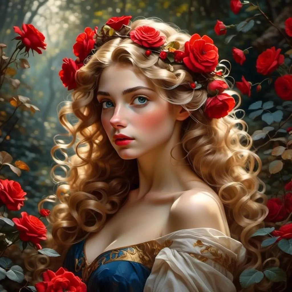 Prompt: <mymodel>Fairy tale, beautiful girl with white skin, (perfect face), light golden hair, blue pupils, red lips, forest style, mysterious, vintage fashion-dresses, with a transparent crystal crown on her head, the woman's body is so white Glows, (high detail) sitting on an oversized red rose, hyperdetail, ultra high definition.