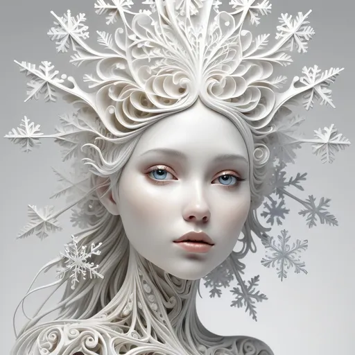 Prompt: A beautiful white female 3D sculpture against a white background, whimsical snowflakes fused throughout the sculpture, Stephanie Law style of hyperrealism, very intricate details, abstract vector fractal, wave function, zentangle, 3D shading