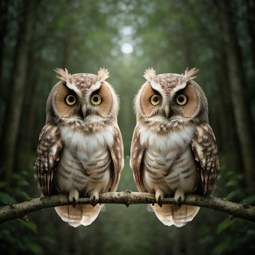 Prompt: Adorable illustration of two owls, soft pastel colors, dreamy forest setting, ultra-detailed feathers, big expressive eyes, whimsical, high quality, pastel colors, dreamy lighting