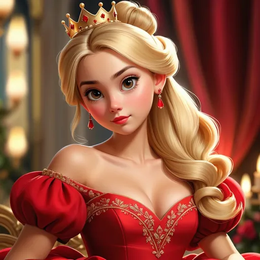 Prompt: <mymodel>High-quality digital painting of a teenage princess with blonde hair in a bun, wearing a stunning red dress, big pretty eyes, royal ambiance, detailed fabric textures, elegant crown, soft lighting, warm tones, professional, regal, detailed eyes, royal gown, digital painting, warm lighting, late teens, blonde bun hairstyle, royal ambiance