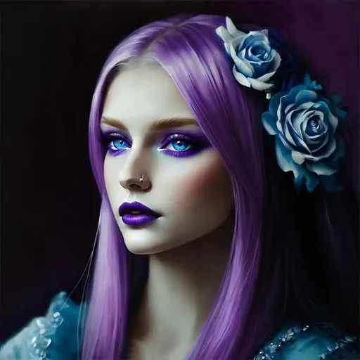 Prompt: <mymodel>Beautiful ethereal woman, long blonde hair,and icy blue eyes color, purple lipstick, facial closeup