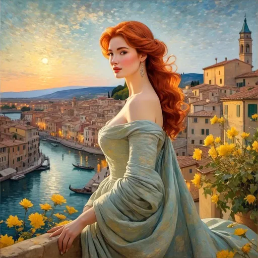 Prompt: <mymodel>Beautiful italian lady in an beautiful landscape of Umbrië, Style Flora Bowley and Vincent van Gogh,8k, dynamic lighting, ultra detailed