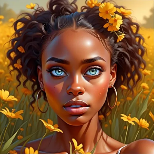 Prompt: <mymodel>High-resolution digital painting of a graceful woman, vibrant yellow flower field, realistic and detailed floral elements, soft and warm sunlight, flowing elegant dress, detailed facial features with a gentle expression, professional digital painting, realistic, detailed flowers, graceful posture, warm and soft lighting, best quality, highres, ultra-detailed, digital painting, realistic, warm tones, elegant