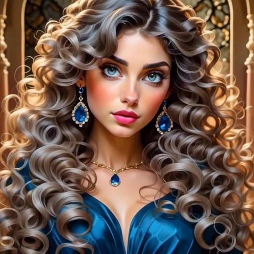 Prompt: <mymodel>a Sapphire lady, feminine elegant princess ,  dark hair, large blue eyes, wearing jewls in her hair,  beautiful makeup, blue eyeshadow, dark pink lipstick, facial closeup