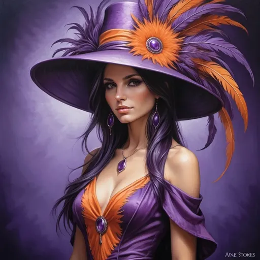 Prompt: a woman wearing a  purple and orange dress and a hat with feathers on it's head and a purple background, Anne Stokes, fantasy art, purple, a fine art painting