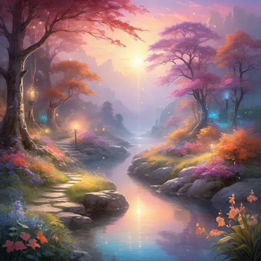 Prompt: (ethereal glow), luminous light radiating, soft illumination, vivid colors, warm ambient tones, magical atmosphere, serene background, enchanting landscapes, high detail, ultra-detailed, vibrant, dreamlike scenery, shimmering reflections, calming hues, captivating visual experience