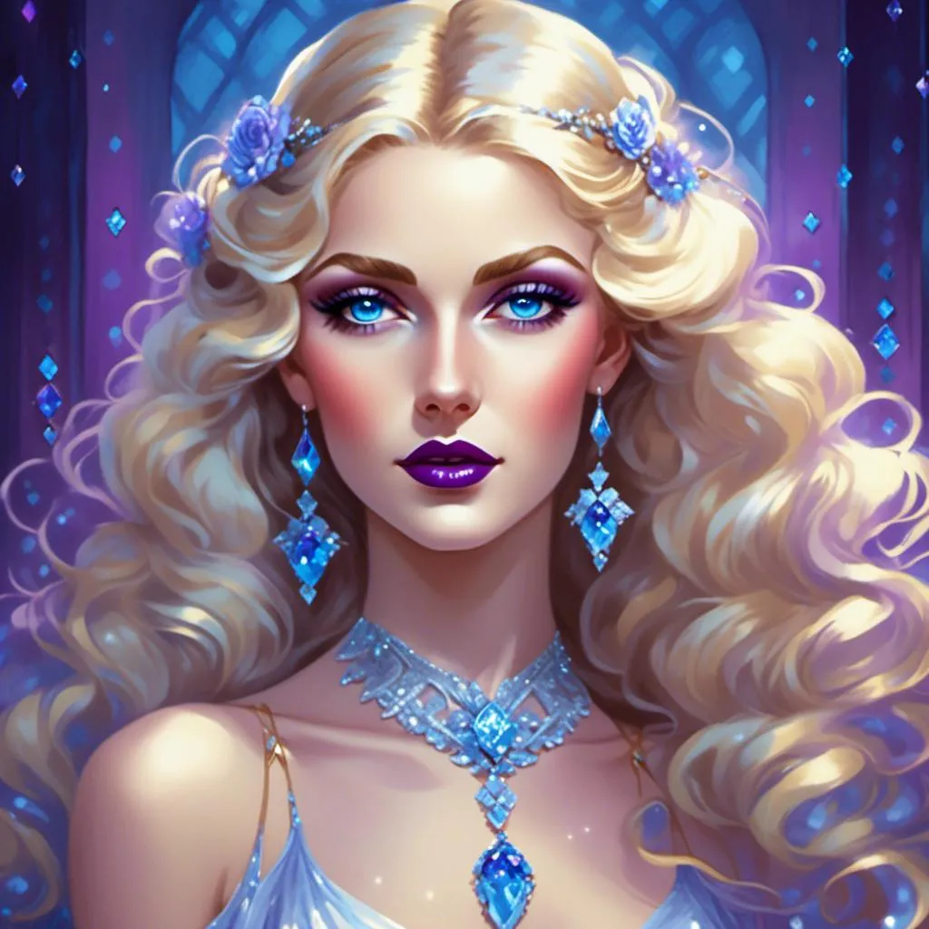 Prompt: <mymodel>Beautiful ethereal woman, long blonde hair,and icy blue eyes color, purple lipstick, facial closeup