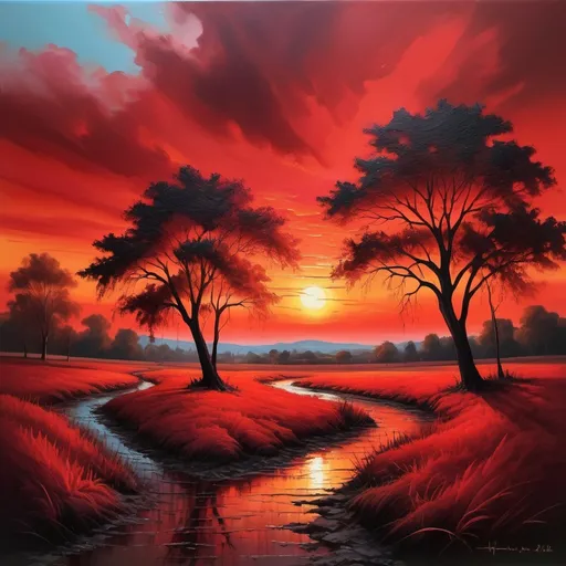 Prompt: Red sunset landscape, oil painting, vibrant colors, fine details, high-quality, realistic, warm tones, dramatic lighting, expansive horizon, silhouettes of trees, serene atmosphere