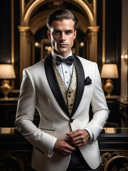 Prompt: In an opulent, dimly lit setting, a strikingly handsome man stands poised, exuding an air of sophistication and confidence. Dressed in a pristine white tuxedo with a sleek black shawl lapel and a matching bow tie, he displays a refined elegance, accentuated by an intricately patterned tie adorned beneath his collar. The richly decorated backdrop features ornate golden mirrors and glittering chandeliers that cascade light, adding a touch of glamour to the scene. His strong jawline and intense gaze suggest a narrative of charm and charisma, making him the focal point in this luxurious environment, reminiscent of a glamorous evening affair. The color palette combines deep golds and whites, enhancing the image's overall sense of grandeur and class.