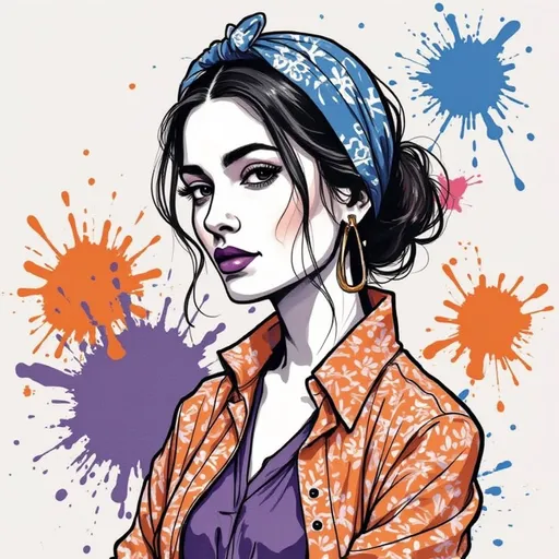 Prompt: This is a digital drawing in a modern, stylized comic art style. The subject is a woman with a confident expression, gazing slightly to the side. She has fair skin, dark brown eyes, and full lips painted in a deep purple shade. Her dark brown hair is styled in a messy bun, with a few loose strands framing her face. She wears a blue bandana with white floral patterns, tied around her head, and large hoop earrings. Her outfit includes an orange, patterned, button-up shirt over a purple, V-neck top. The background features splashes of color in orange, blue, and purple, adding a dynamic, artistic feel to the composition. The splashes are irregular and scattered, with some extending outward from the edges of the image, creating a sense of movement. The drawing uses bold, black outlines and a limited but vibrant color palette to emphasize the subject's features and attire. The overall texture is smooth, with a combination of solid colors and splattered patterns that give the image a lively, contemporary vibe.