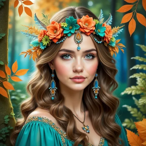 Prompt: Bathed in the enchanting glow of a magical forest, a stunning young woman captivates with her ethereal beauty, adorned with a vibrant floral crown featuring orange, teal, and green hues. Her long, cascading hair frames a delicate face, accentuated by captivating blue-green eyes and elegant jewelry that glistens as softly as the twinkling forest light filtering through the trees. Dressed in a richly colored gown with intricate detailing, she exudes a sense of serenity and grace, contrasting beautifully with the vivid fall foliage surrounding her. The overall atmosphere is enchanting and whimsical, evoking a fairy-tale ambiance where nature and beauty intertwine harmoniously.