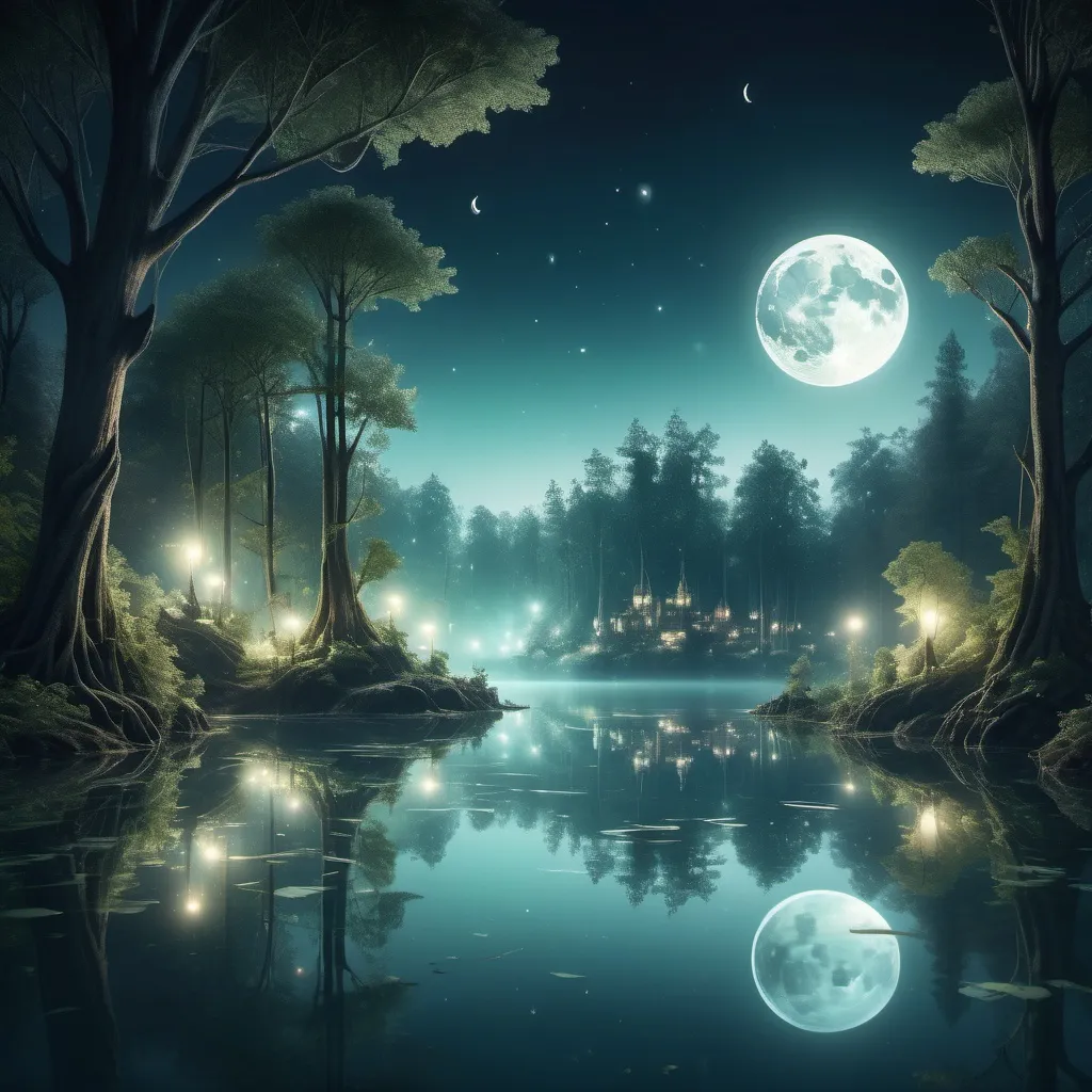 Prompt: A serene, moonlit lake in a magical forest, where the reflection of the moon reveals a hidden underwater city, illuminated by soft, ethereal lights.