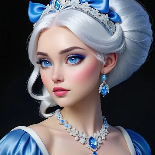Prompt: A beautiful woman, snow white hair with pastel highlights, frosty blue eyes, blue eyeshadow, blue jewels on forehead